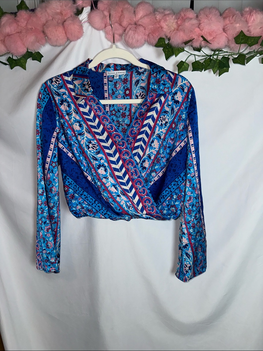Blue Printed Wrap-Style Long Sleeve Blouse
